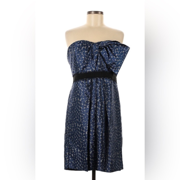 BCBGMaxAzria Dresses & Skirts - BcbgMaxAzria blue and silver polka dot dress with bow detail and black sash